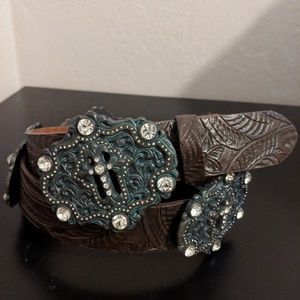 Brown tooled leather belt with bling buckles